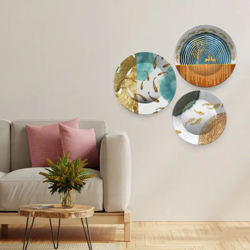 Modern Golden koi Fish Abstract Wall Plates Set of 3